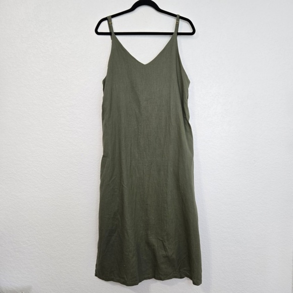 LUXMII Olive Green Linen V Neck Midi Slip Dress Adjustable Straps Size S‎ M